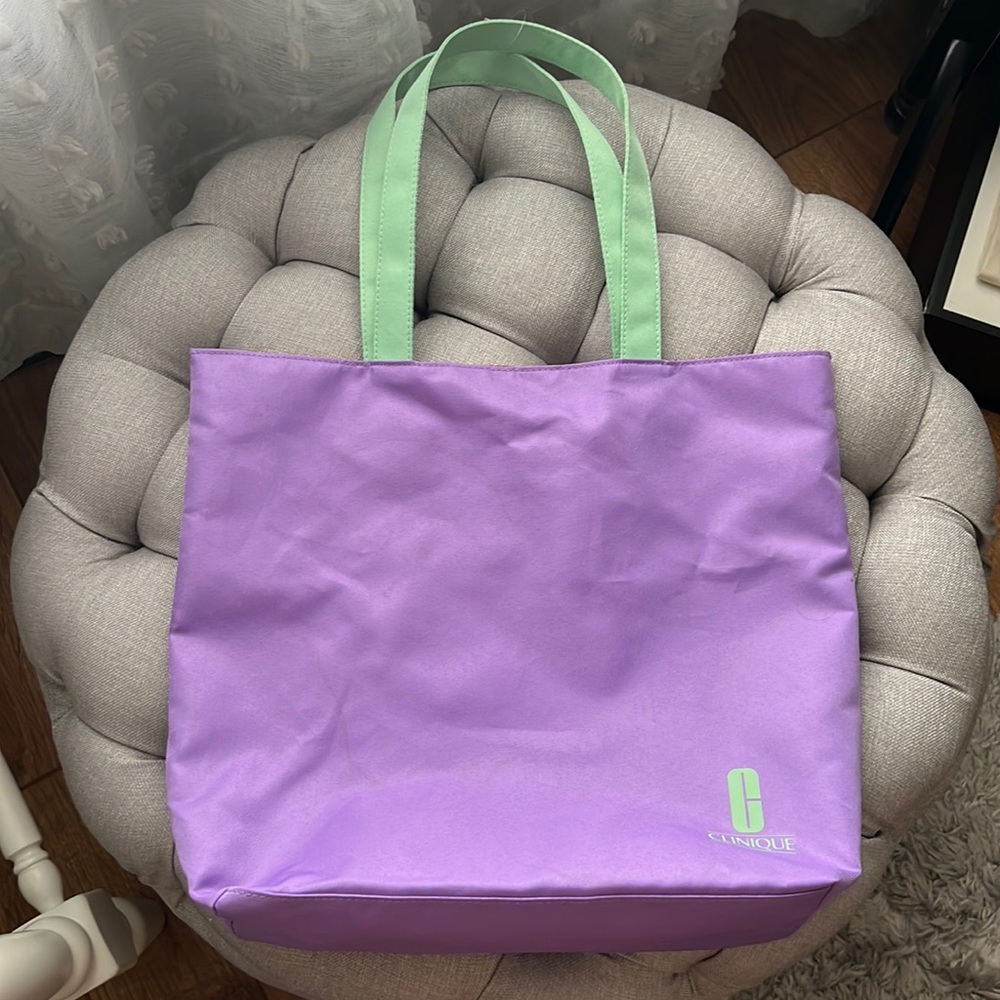 Clinique Purple Mint Green Hot Pink Canvas Tote Bag NWT